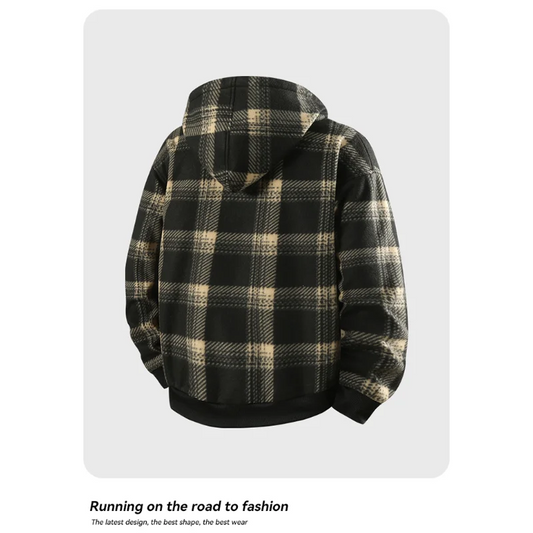 All-match Fashion Casual Jacket Men's Plaid Contrasting Color Long-sleeved Hooded Jacket Top